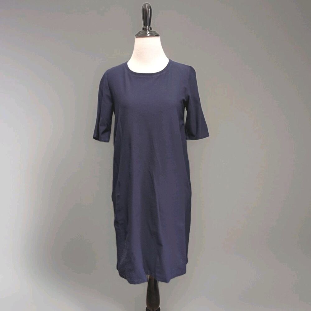 Eileen Fisher Shift Dress XS Navy Blue Minimalist Half Sleeve Relaxed Side Zip
